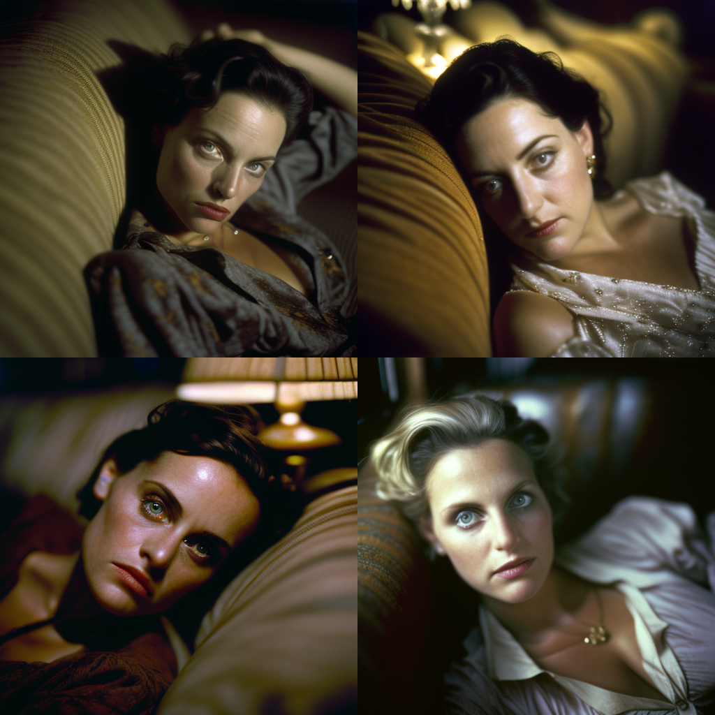Four-part photo shows1990s glamor photos, medium close-ups, from above photo